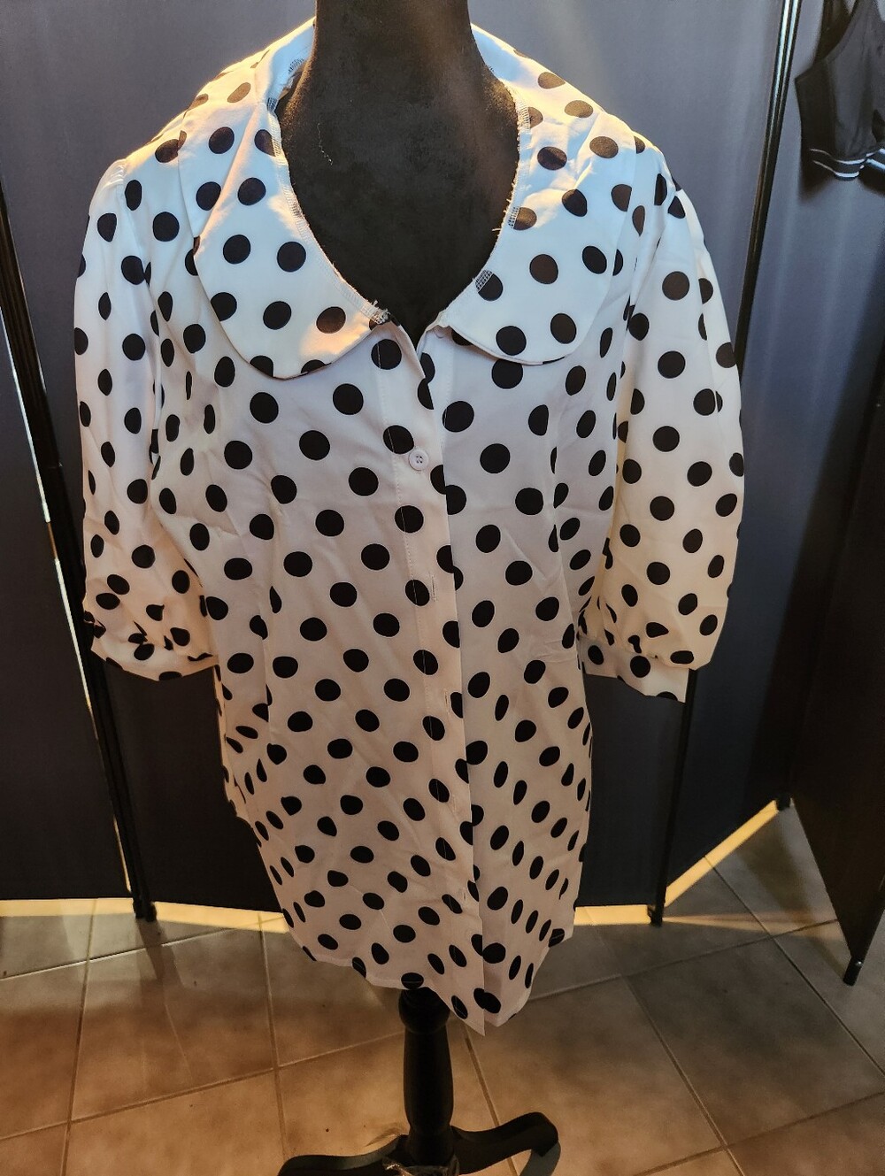Polka Dot Button-Up Coatigan Blouse - White & Black